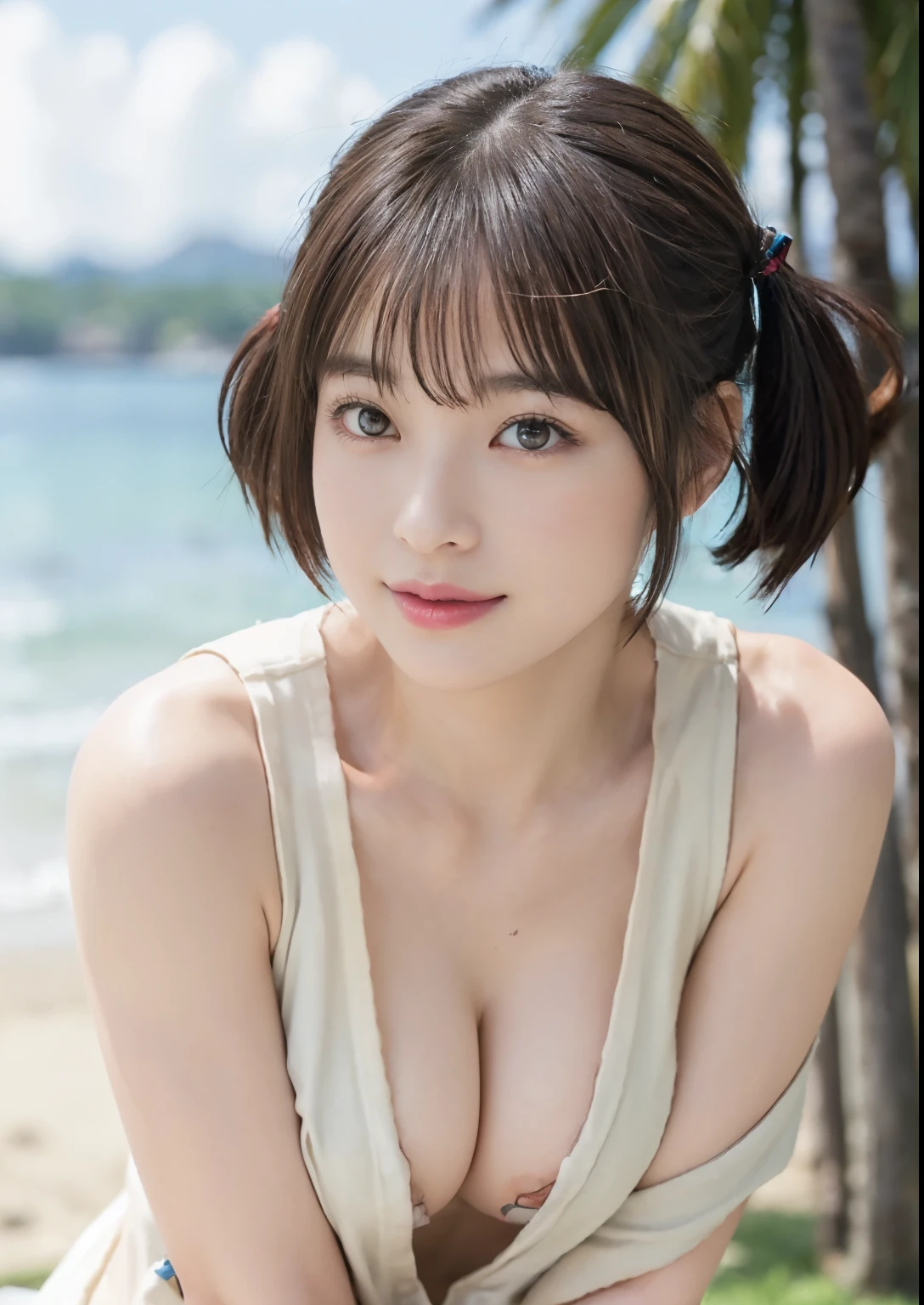 smile,((NSFW)),(Best Quality:1.2), Female dog,(Female organ:1.1),8K, Raw photo, Beautiful sexual woman, Cute beautiful girl,((Her naked lower body is visible、股間のFemale organが見えている:1.3)),blue sea,Blue sky,Palm tree,On a beautiful tropical beach,Hair blowing in the wind,Semi-short hair、((Twin tails:1.3))