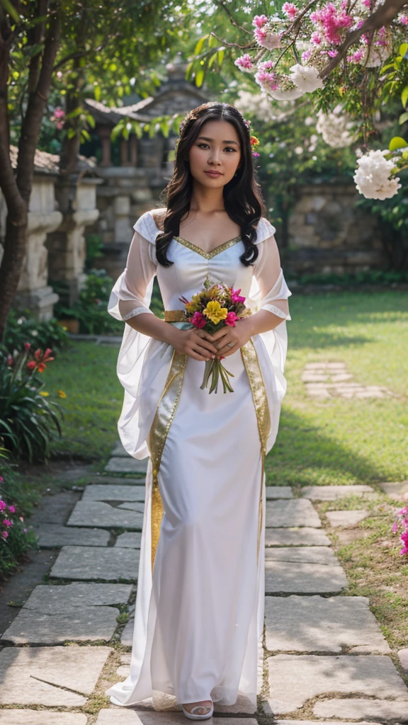 Realistic pilipina wearing a snow white costume The background is palace and many flowers .