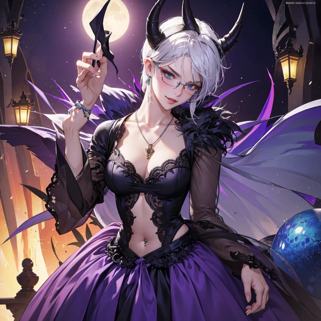 8k, masterpiece, best quality, highly detailed, 1 girl, tiefling, warlock, multicolored hair, very short straight hair green highlight hair on white hair, strippled hair, wearing glasses, round glasses, earrings, long dress with side cut, lace dress, red eyeshadow, long eyelashes,navel piercing, blushed cheek, necklace, collarbone, high heels, mole, glamorous, purple and teal clothing, villainy, smirk, seductive face, close up view, ring on fingers, looking at viewer, standing, demon horns, solo, full blue moon, hand touching cheek, chruch, black lace gloves, wearing veils.