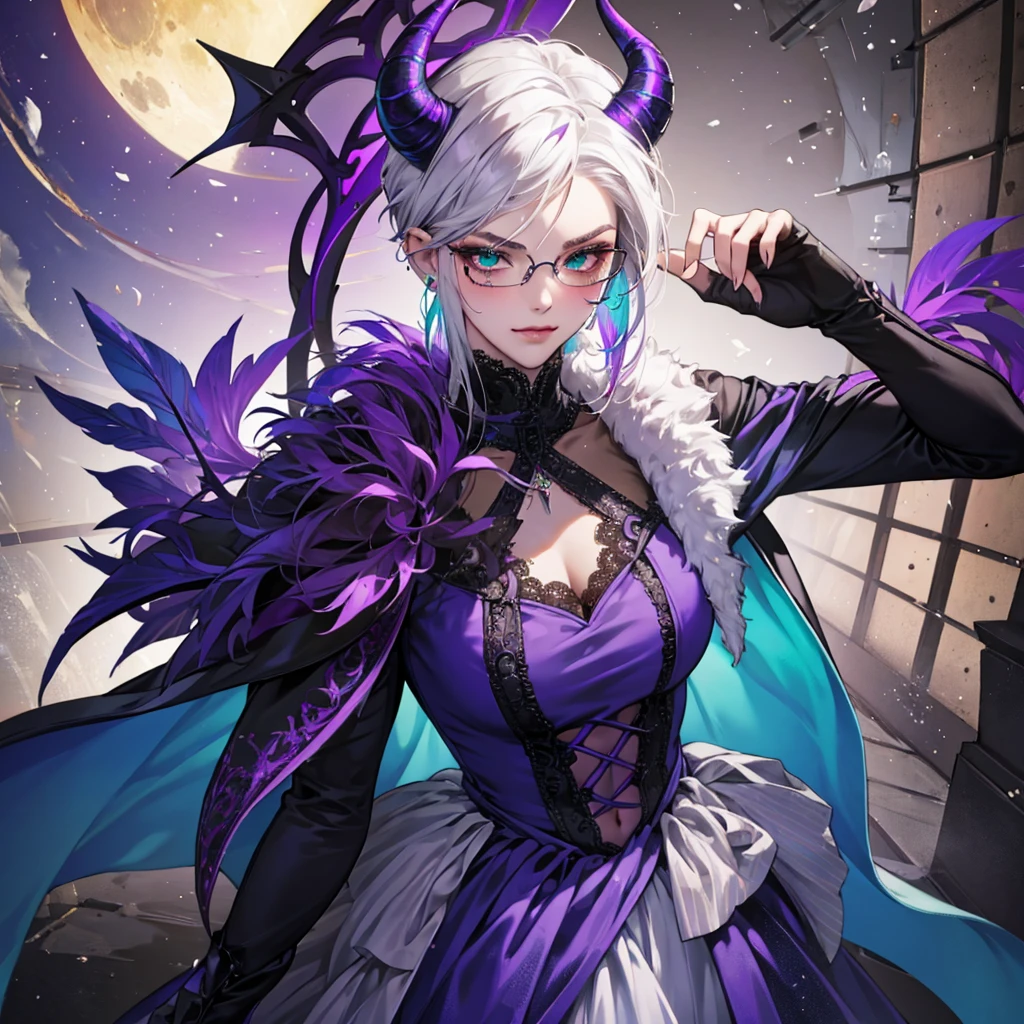 8k, masterpiece, best quality, highly detailed, 1 girl, tiefling, warlock, multicolored hair, very short straight hair green highlight hair on white hair, strippled hair, wearing glasses, round glasses, earrings, long dress with side cut, lace dress, red eyeshadow, long eyelashes,navel piercing, blushed cheek, necklace, collarbone, high heels, mole, glamorous, purple and teal clothing, villainy, smirk, seductive face, close up view, ring on fingers, looking at viewer, standing, demon horns, solo, full blue moon, hand touching cheek, chruch, black lace gloves, wearing veils.