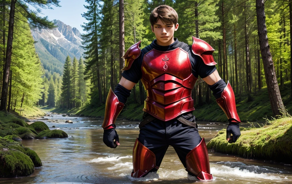 Rin々Youth、15-year-old young man、RAW Photos、A young man in red armor、the strongest shield、the strongest sword、break、The background is a forest and a large river deep in the mountains.、In practice、Slim and muscular