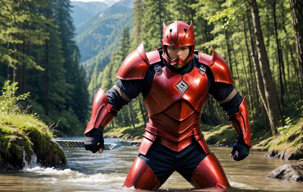 Rin々Youth、-yeld yo man、RAW Photos、A young man in red armor、the strongest shield、the strongest sword、break、The background is a forest and a large river deep in the mountains.、In practice、Slim and muscular