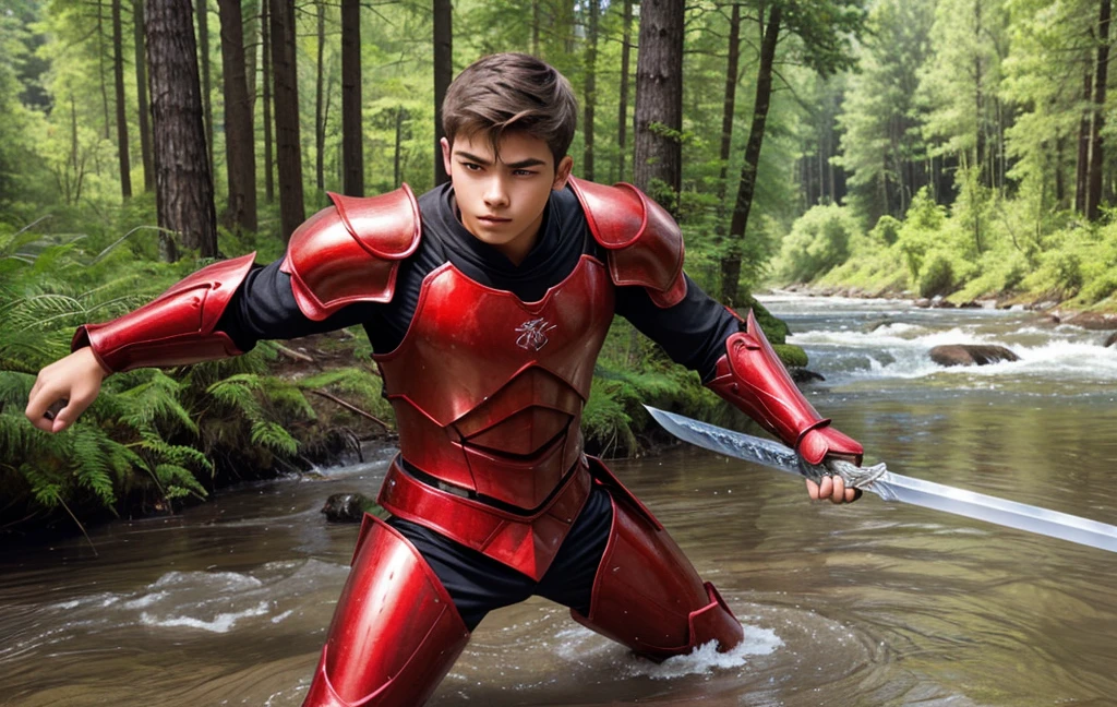 Rin々Youth、15-year-old young man、RAW Photos、A young man in red armor、the strongest shield、the strongest sword、break、The background is a forest and a large river deep in the mountains.、In practice、Slim and muscular