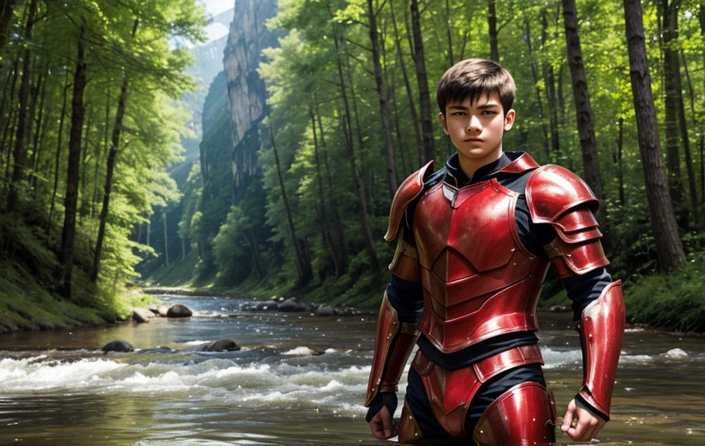 Rin々Youth、15-year-old young man、RAW Photos、A young man in red armor、the strongest shield、the strongest sword、break、The background is a forest and a large river deep in the mountains.、In practice、Slim and muscular