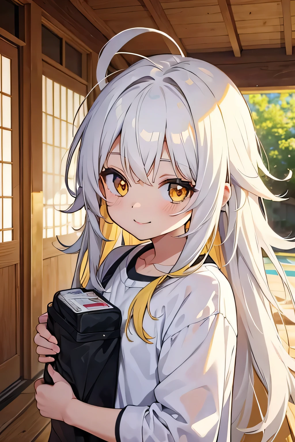 toddler, cute anime toddler, smiling, white hair and yellow hair, long hair, messy hair, golden eyes, grabing light
