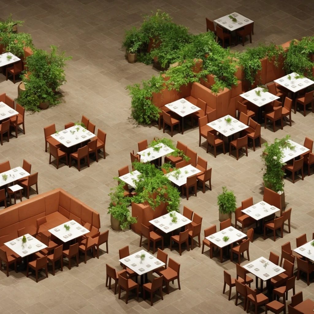 3D graphics, like in a game Interior of the restaurant with three columns in the center, a pair of large tables with soft chairs in light colors and wooden floor and a bar with plants