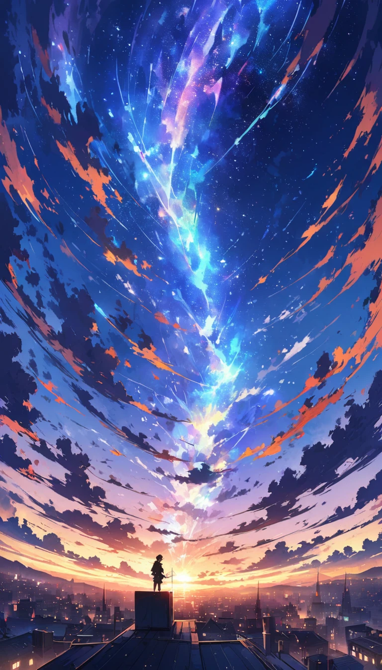 Anime paintings inspired by Makoto Shinkai、Space Art、A black cat sitting on the roof of a building and looking at the sky、mysterious、Fantasy、Meteors、Complex Light、Twinkling city lights、