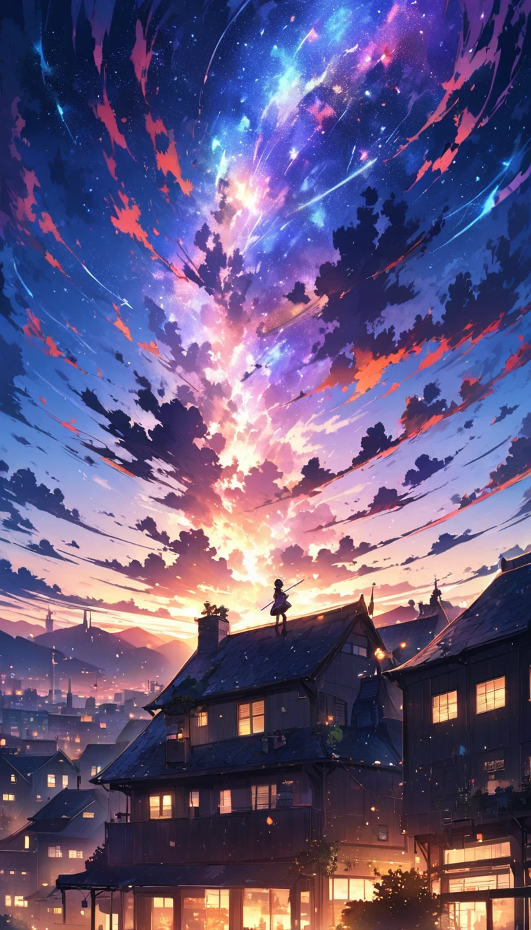 Anime paintings inspired by Makoto Shinkai、Space Art、A black cat sitting on the roof of a building and looking at the sky、mysterious、Fantasy、Meteors、Complex Light、Twinkling city lights、