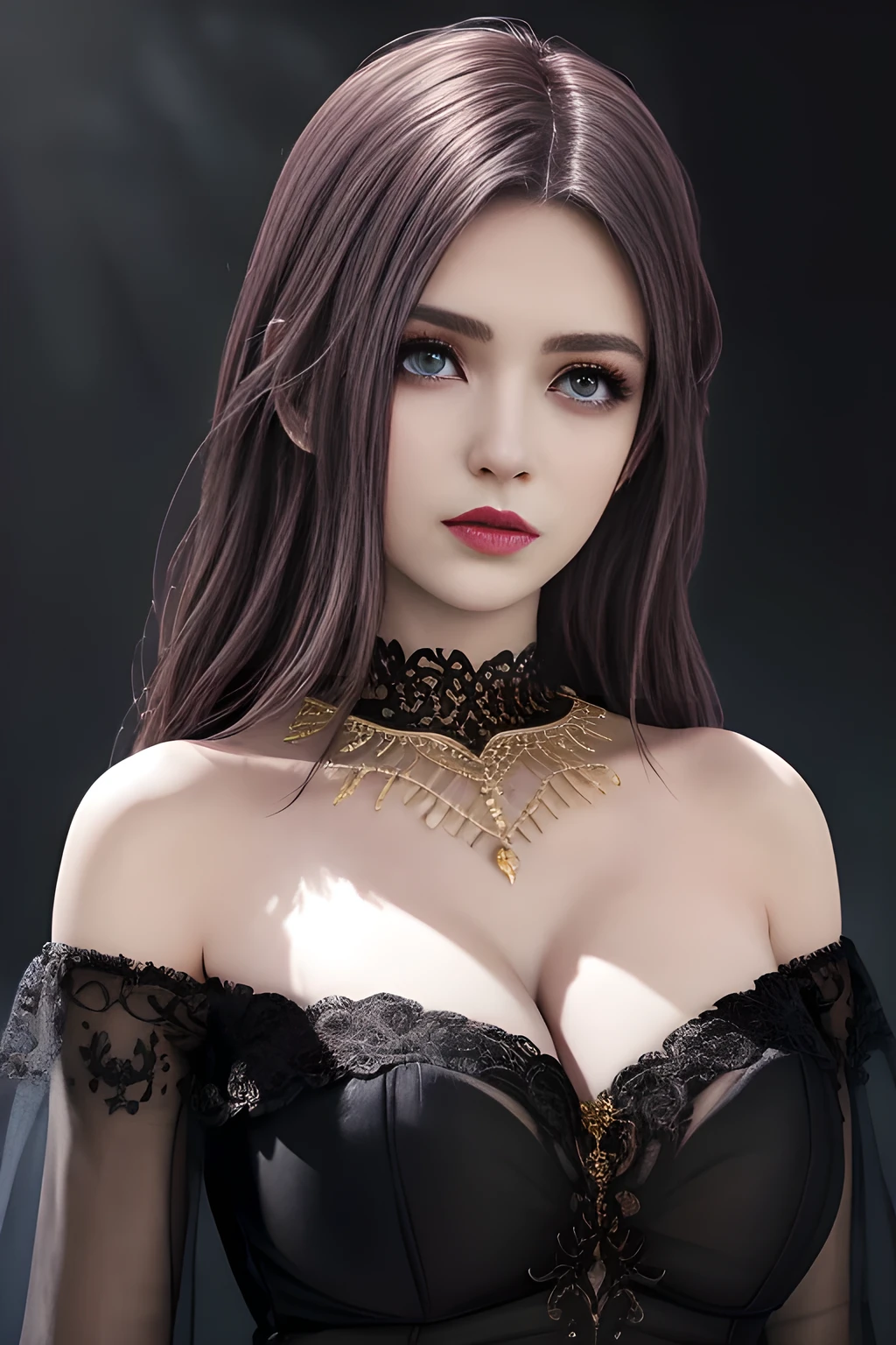 1girl, long sleeves, black dress, off shoulder, bare shoulders, long dress, (see-through), tulle dress,beautiful detailed eyes, beautiful detailed lips, extremely detailed eyes and face, long eyelashes, best quality, 4k, 8k, highres, masterpiece, ultra-detailed, realistic, photorealistic, photo-realistic, ethereal glow, regal elegance, intricate details, luxurious, otherworldly beauty, dark atmospheric background, supernatural aura, elise,