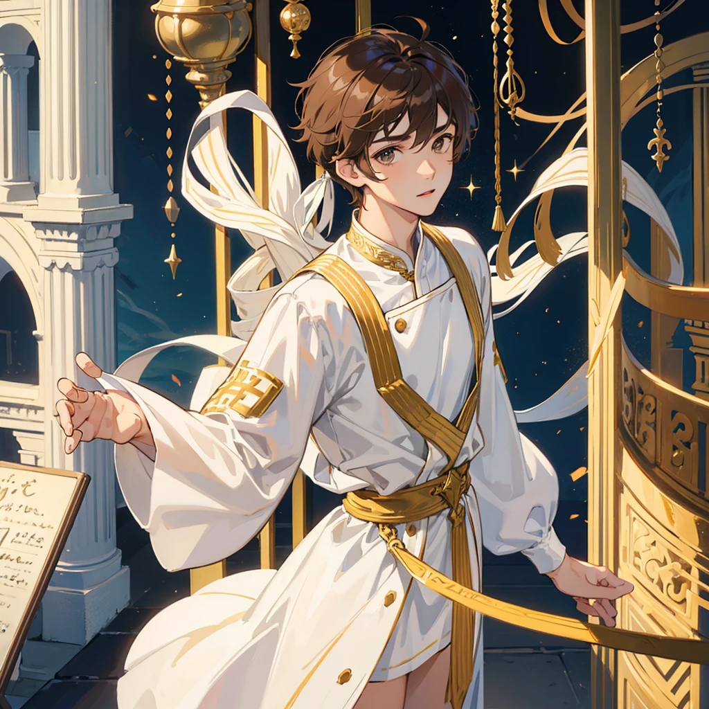 (((1male))), half body, facing viewer, short light brown hair, brown eyes, cute, pretty, white Greek tunic, small penis,