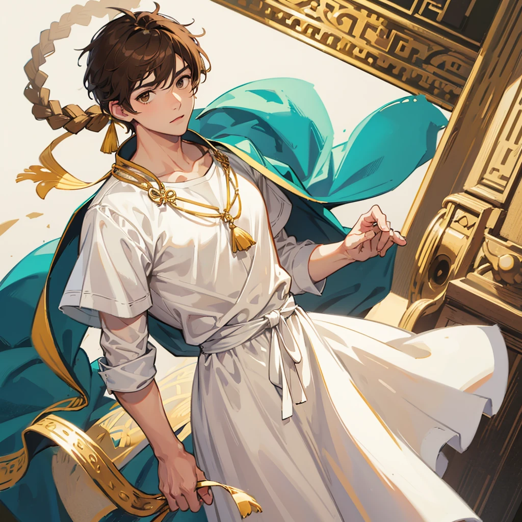 (((1male))), half body, facing viewer, short light brown hair, brown eyes, cute, pretty, white Greek tunic, small penis,