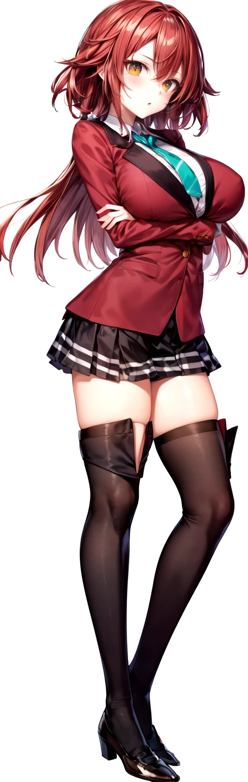 masterpiece, Highest quality, High resolution, , long red hair, Red Bow, Striped ribbon, blazer, Red ugly jacket, Long sleeve,  Big Breasts,Confused eyes,Brown Skirt, Black knee socks, Arms crossed, indoor, classroom