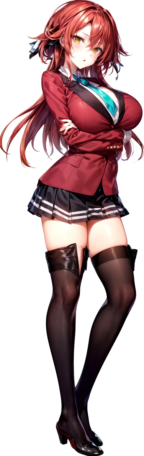 masterpiece, Highest quality, High resolution, , long red hair, Red Bow, Striped ribbon, blazer, Red ugly jacket, Long sleeve,  Big Breasts,Confused eyes,Brown Skirt, Black knee socks, Arms crossed, indoor, classroom