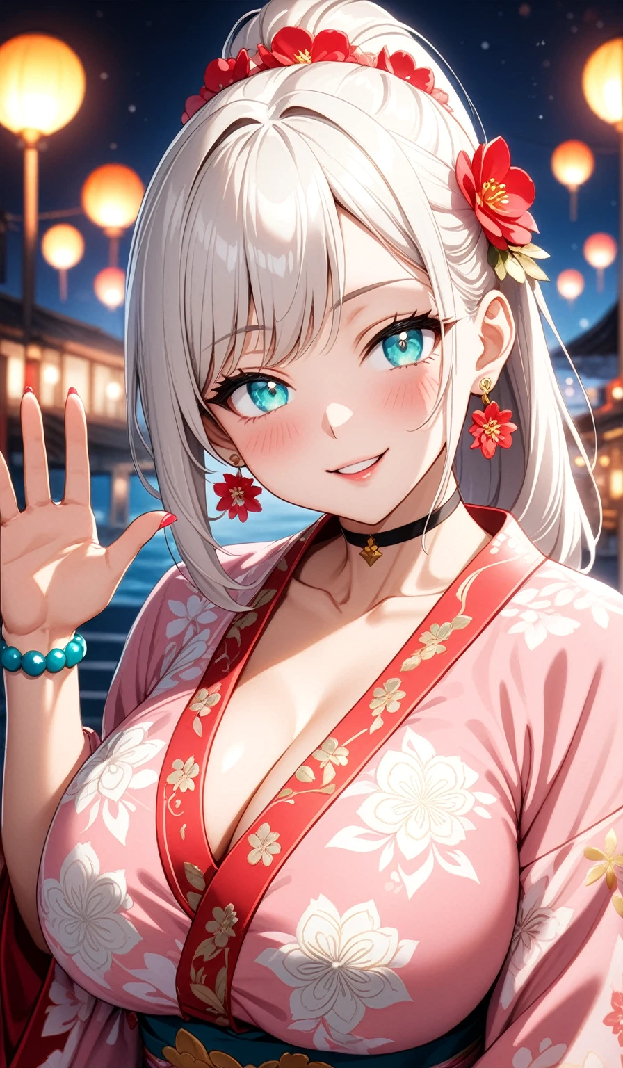 ((One personの女性)), front view,Beautiful Face, head tilt, Laughing embarrassedly,大きくLaughing with your mouth open,((Bright red cheeks:1.4)), (waving at viewer:2.0)),((Wink:1.9)),Glossy pink lips,night,rooftop,Festive decorations,You can see the ocean, firework,Laughing with your mouth open,Glossy pink lips,Lighting on the face,((Anime style background)),masterpiece, Highest quality, so beautiful,Latest, Complex details, (Pink long nails),(ring),(bracelet),(choker),AI-generated, Complex,High resolution, Highest quality, super high quality,3D Images、3D Images,One person,Long blonde hair,High Ponytail,((Turquoise Eyes)),Anime woman posing for a photo, ((Fine grain、Colorful Eyes、Shining Eyes:1.3)),(Squint your eyes:1.1),a hyperRealistic , hyperRealistic , Realistic,Anime woman with long and white hair, Smooth anime CG art, A woman in a colorful kimono with gold embroidery, (Pink long sleeve kimono),Red floral pattern,Long flower hair ornament,big floral earrings,Mature Body,(Big Breasts:1.1),Tall,Abdominal muscles,Narrow waist,(Zoom in on face:1.6),