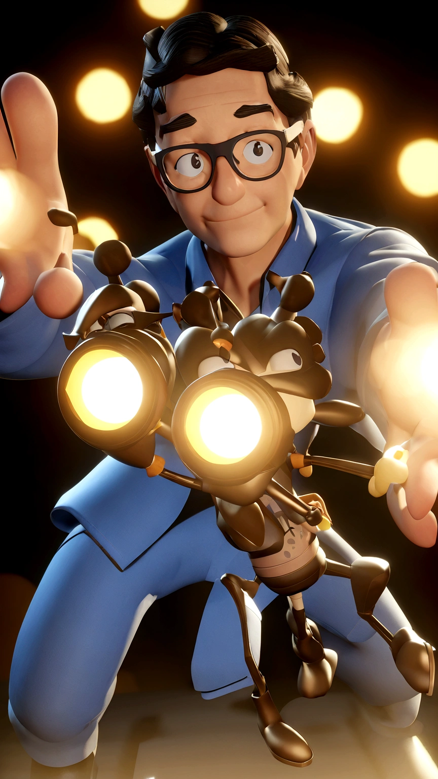Cartoon character of a man wearing black glasses and a blue shirt, um personagem animado, Caractere estilizado, animation style rendering, 3D estilizado, Arnold Maya render, 3 d render stylized, toon render keyshot, Personagem 3D, Personagem 3D, 3d rendering stylized, 3 d character render, personagem de desenho animado, Personagem de close up, Pose de personagem, (Estilo Pixar) (master part:1.2) (Bokeh) (best quality) (pele detalhada) (textura detalhada) (8k) (argila) (Cinematic lighting) (foco nítido