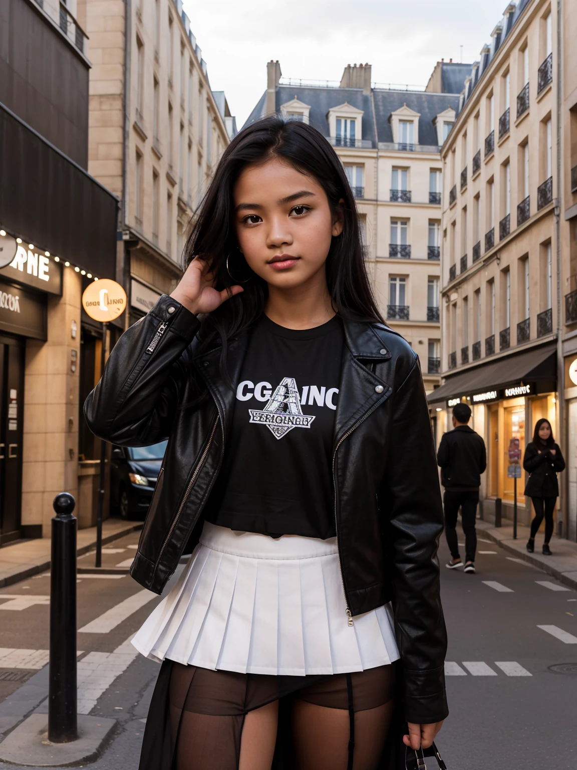 Upper body of a beautiful woman, 18 years old, Indonesian, cheerful, black T-shirt, black jacket and white pleated skirt, street in the historic part of Paris, in the evening