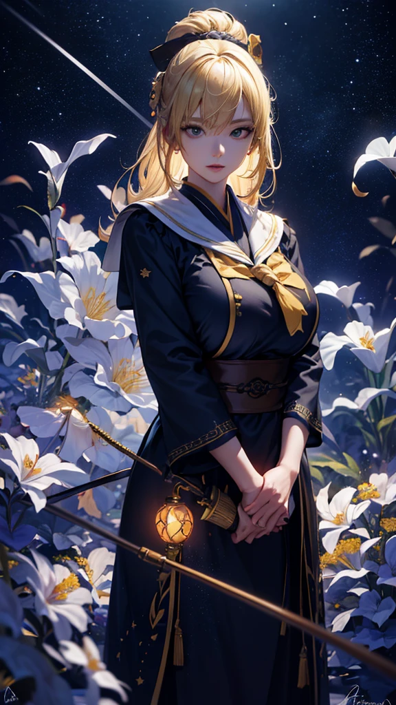 masterpiece, high quality, 4K, Beautiful design, silhouette，blonde， 非常に詳細な夜のStarry Sky,Flower Field， wonderful, Finer details,  Very knowledgeable woman, Highly detailed solo, 1 female,Big Breasts，Sailor suit，Night view，Starry Sky，full moon，