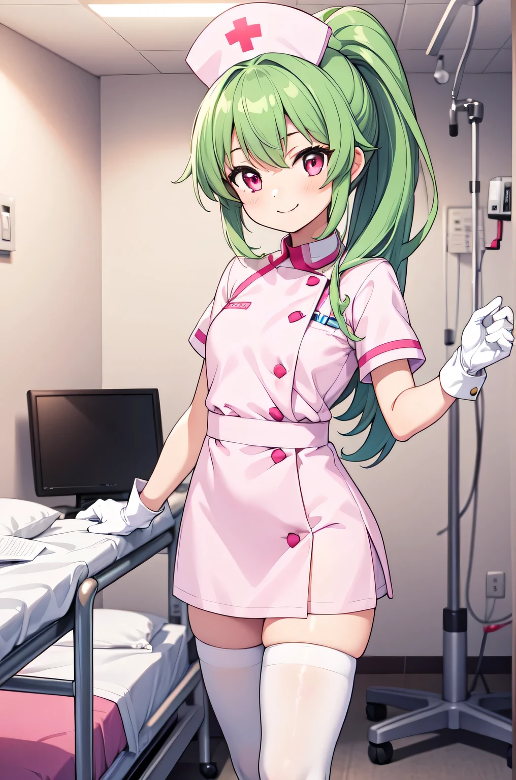 1girl, solo, nurse, nurse cap, white nurse uniform, ((white legwear, zettai ryouiki)), white gloves, ponytail, green hair, pink eyes, smile, standing, ((hospital room)), sharp outline, short sleeves, best quality, masterpiece