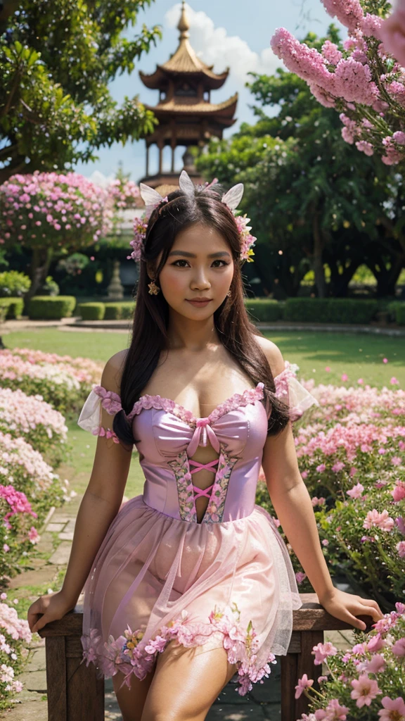 Realistic pilipina wearing a pink fairy costume The background is palace and many flowers .