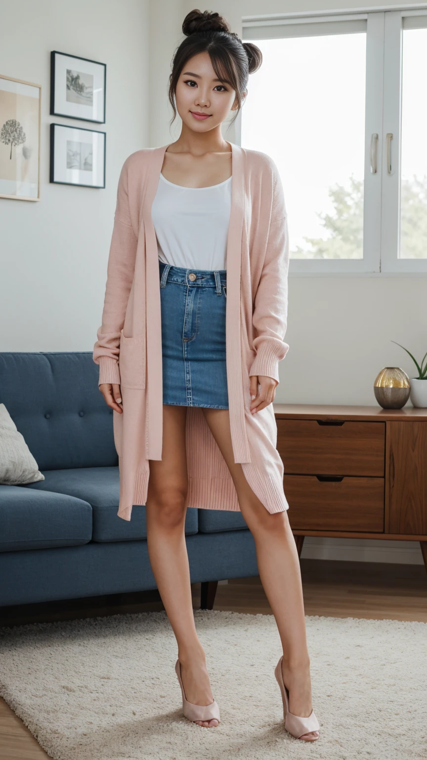 RAW, Best quality, high resolution, (masterpiece: 1.3), full body shot, cute korean woman, Masterpiece, cute face, high bun hair, bright skin, fair skin, cute eyes, light make up, standing in living room, shy pose, serene expression, body facing viewer, facing straight to viewer, soft pink cardigan, denim long skirt, at noon, living room background, Great lighting, great sunlight, Ultra realistic clean lines, very realistic