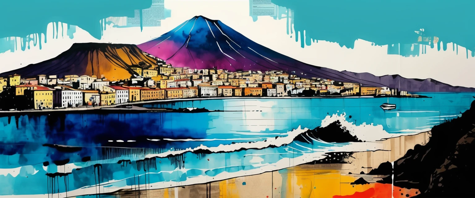 (ink on newspaper in the style of Loui Jover:1.5), NAPLES LANDSCAPE, VESUVIO, SEA, Envision an art movement inner thoughts and emotions as vibrant, shifting patterns of color and light
