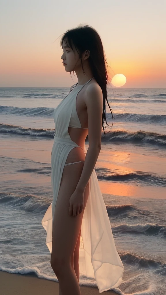 Examples of Prompts:** Beach at sunset, orange sky, white dress, beautiful Japanese girl, 20 years old, long black hair, lonely profile, silhouette, hair blowing in the wind, sunset, sound of waves, emo, beautiful
* Supplemental: Slightly downcast expression, creating sadness...
Outfit: Mature bikini showing off her long