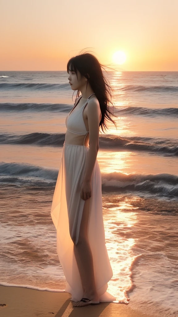 Examples of Prompts:** Beach at sunset, orange sky, white dress, beautiful Japanese girl, 20 years old, long black hair, lonely profile, silhouette, hair blowing in the wind, sunset, sound of waves, emo, beautiful
* Supplemental: Slightly downcast expression, creating sadness...
Outfit: Mature bikini showing off her long