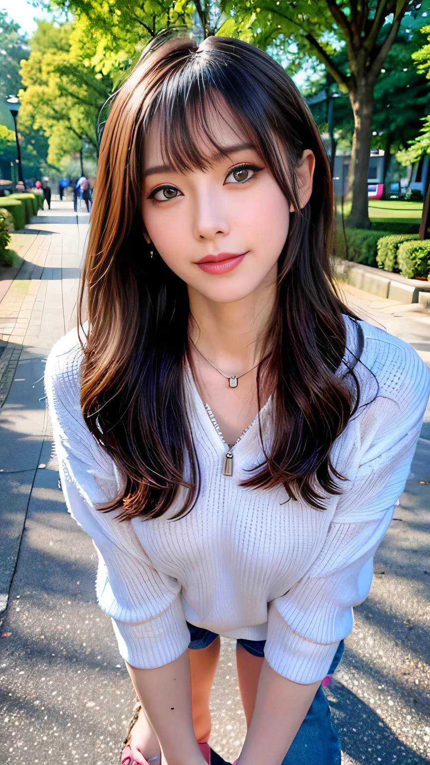 seed:4195271995,((Full Body Angle:1.1)),((Highest quality, 8K, masterpiece: 1.3)), concentrated: 1.2,Front hair:1.3, Cute girl 1,Nipples erect、 Perfect beauty: 1.4,Colorful ribbed knit half-zip T-shirt、Shorts,: 1.2,Randall Color、comics&Text Graphics、Black,1.1, Highly detailed face and skin textures, Fine grain, double eyelid, whitening skin, ,Highest quality,Ultra-high resolution,you,1 girl,alone,_Shiny_skin,Iris,necklace,((brown_length_Wavy_hair)),(lips)),eyelash,Front hair,deal with,compensate,Shiny,pore,skin big breasts、smiling face、Front hair、Walking in the park、walk