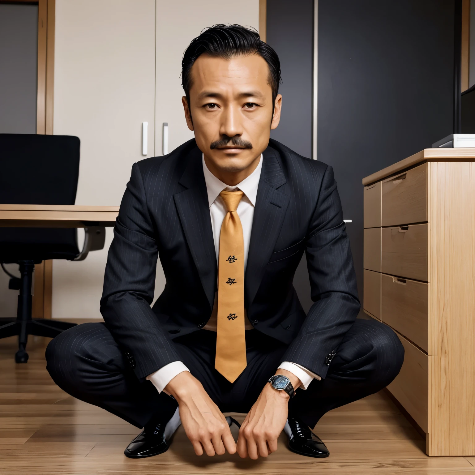 40 years old,Hidetoshi Nakata,(Kogoro Mori 1.3),male,Topless,(Black socks:1.2),Densely hairy,Bright,Raised,Fortitude,office,Suit,whole body,Fortitude,HD,With a mustache,