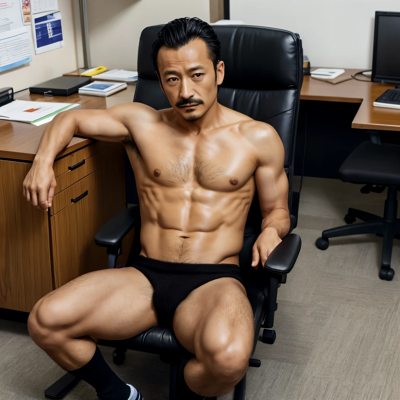 40 years old,Hidetoshi Nakata,(Kogoro Mori 1.3),male,Topless,(Black socks:1.2),Densely hairy,Bright,Raised,Fortitude,office,Suit,whole body,Fortitude,HD,With a mustache,