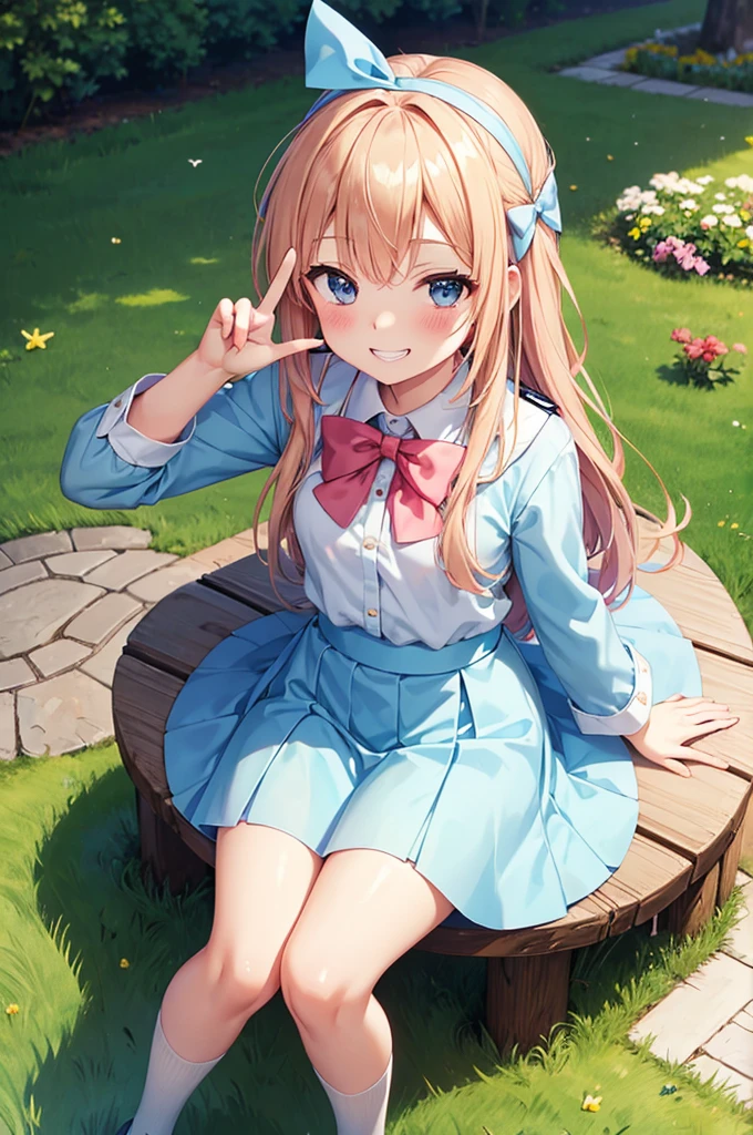 Grin, peace sign, From above, (Squint your eyes:1.2), close, One Girl, blush, sit, nsfw,beautiful girl Wear a uniform, Light blue skirt, Long skirt, small bow, small bow, garden, nature, nature garden, anime, anime movie