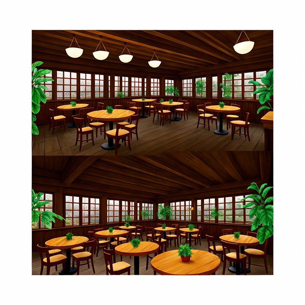 3D graphics, like in a game Interior of the restaurant with three columns in the center, a pair of large tables with soft chairs in light colors and wooden floor and a bar with plants 