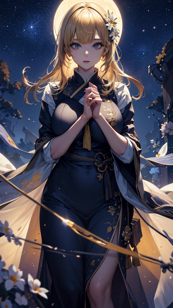 masterpiece, high quality, 4K, Beautiful design, silhouette,blonde, 非常に詳細な夜のStarry Sky,Flower Field, wonderful, Finer details, Very knowledgeable woman, Highly detailed solo, 1 female,Big Breasts,Sailor suit,Night view,Starry Sky,full moon,