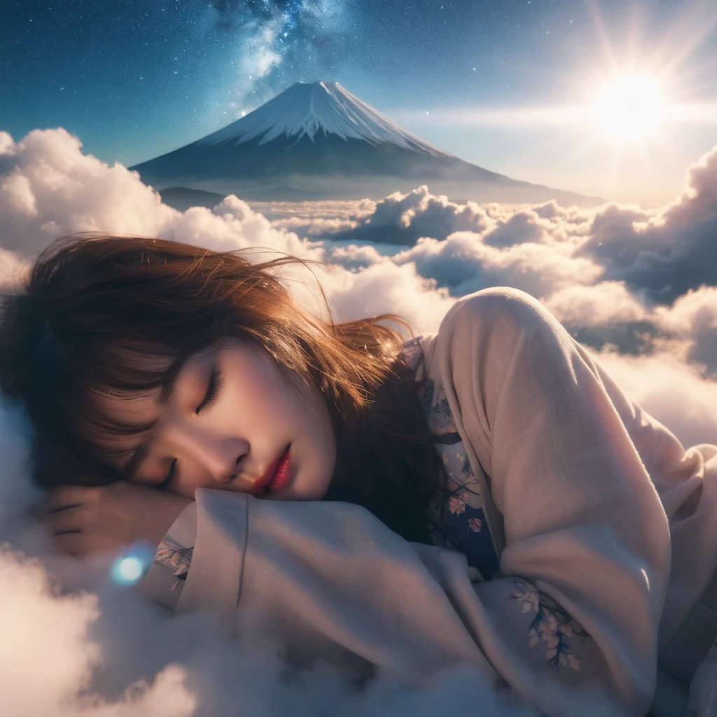 masterpiece, best quality, RAW photo, photorealistic, 8k, ultra realistic photo, beautiful Japanese girl with fair skin, Japanese idol, 18yo, brown hair, wavy and medium hair, detailed skin, closed eyes, detailed cute pajamas, detailed fabric, sleeping on cloud, in the beautiful blue sky, BREAK view of mount Fuji through a break in the clouds, sunrise, beautiful night sky, starry sky, lens flare