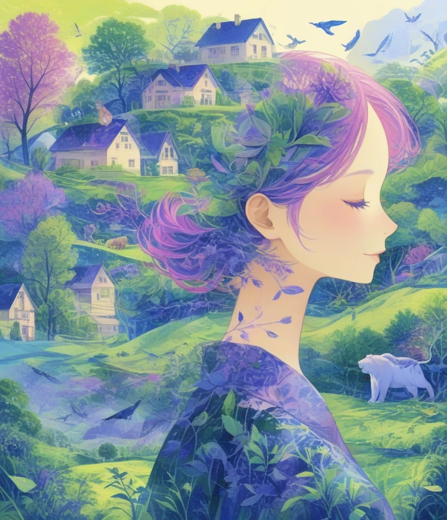 (Panorama, center, masterpiece, Highest quality: 1.2), Fantasy Illustration, Lion, bear, Big Circus, Clown performing magic, Evoke the magic. In purple hues, The background blends in with his hair., Creates an atmosphere of tranquility、Create harmonious compositions that capture the beauty of nature。. This illustration symbolizes the harmony between humans and the environment., Focus on the face,((Ultra high color saturation,Vibrant colors))