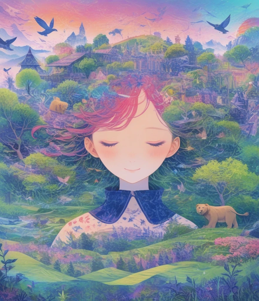 (Panorama, center, masterpiece, Highest quality: 1.2), Fantasy Illustration, Lion, bear, Big Circus, Clown performing magic, Evoke the magic. In purple hues, The background blends in with his hair., Creates an atmosphere of tranquility、Create harmonious compositions that capture the beauty of nature。. This illustration symbolizes the harmony between humans and the environment., Focus on the face,((Ultra high color saturation,Vibrant colors))