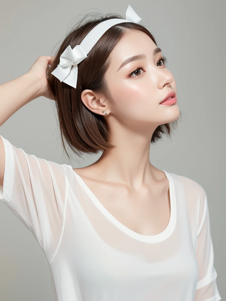 (Highest quality、Tabletop、8K、Best image quality、Award-winning works)、((profile:1.3))、ear、((short hair:1.1)),(Brown Hair)、(White casual summer clothes:1.2)、(The simplest pure white background:1.3)、(Perfectly fixed in front:1.1),(Portrait with space:1.3)、Beautiful and detailed、Perfect Makeup、Ultra-high definition beauty face、Ultra HD Hair、Ultra-high definition sparkling eyes、Ultra-high quality glossy lips、Accurate anatomy、Very beautiful skin、(Pure white skin shining in ultra-high resolution:1.1)、(Very bright:1.2),Big Natural Color Lip、Lip gloss,Harajuku、cute、cute美人、Twenty year old girl