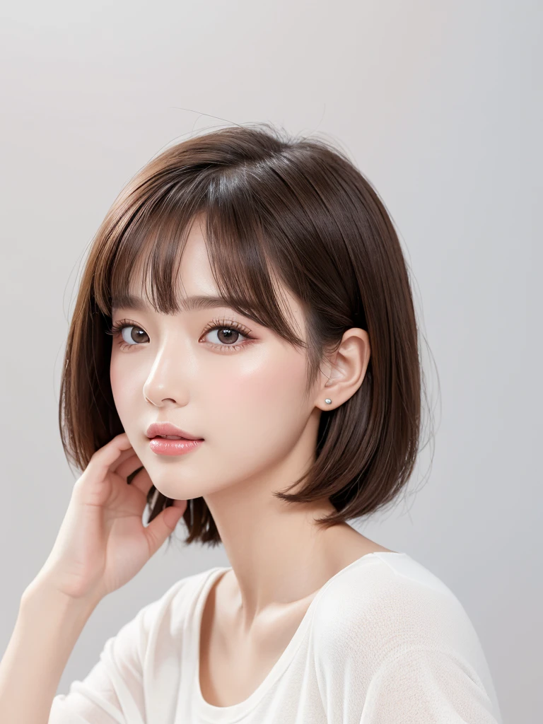 (Highest quality、Tabletop、8K、Best image quality、Award-winning works)、((profile:1.3))、ear、((short hair:1.1)),(Brown Hair)、(White casual summer clothes:1.2)、(The simplest pure white background:1.3)、(Perfectly fixed in front:1.1),(Portrait with space:1.3)、Beautiful and detailed、Perfect Makeup、Ultra-high definition beauty face、Ultra HD Hair、Ultra-high definition sparkling eyes、Ultra-high quality glossy lips、Accurate anatomy、Very beautiful skin、(Pure white skin shining in ultra-high resolution:1.1)、(Very bright:1.2),Big Natural Color Lip、Lip gloss,Harajuku、cute、cute美人、Twenty year old girl