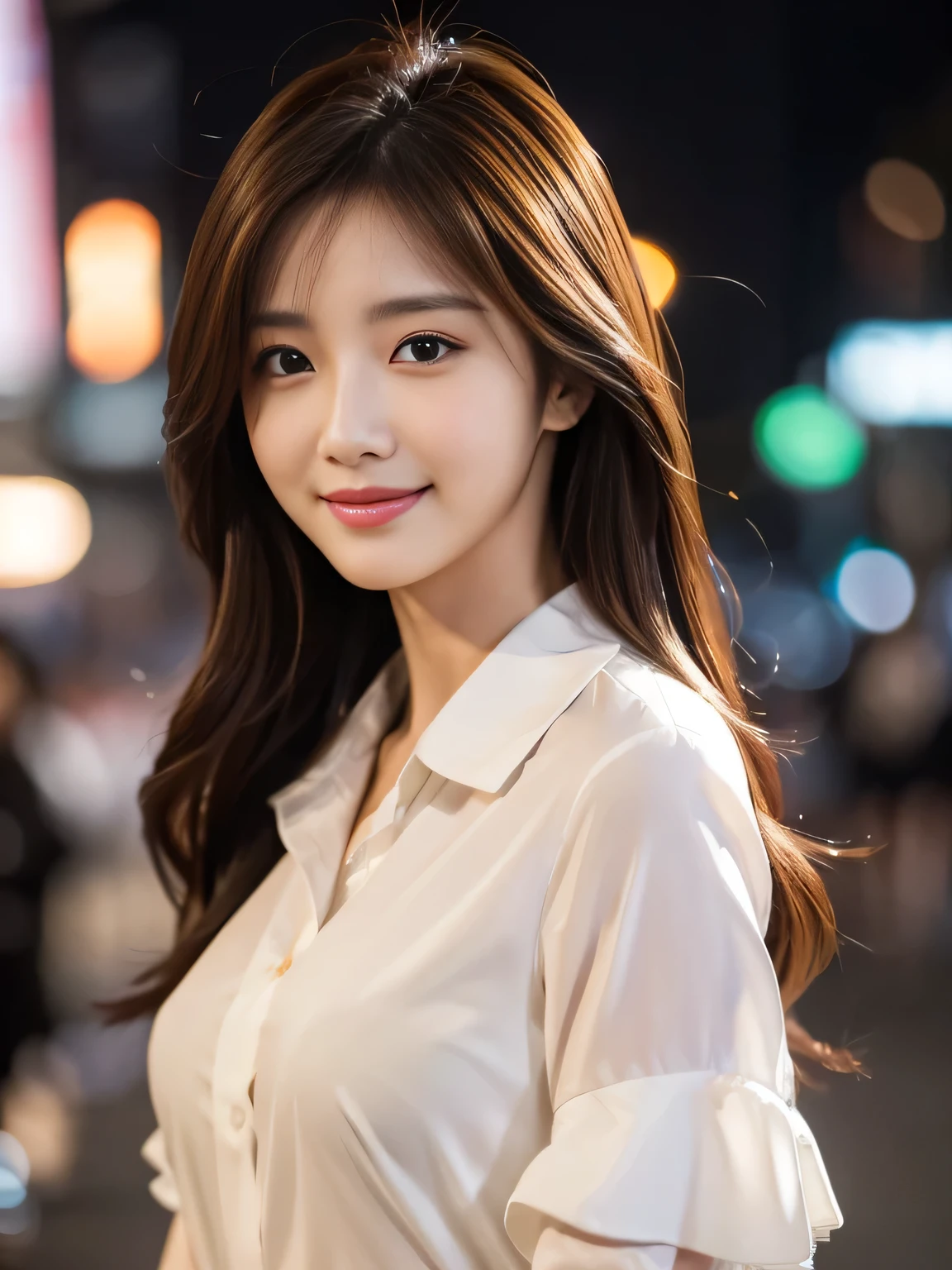 Ultra High Definition, Superior Quality, Premier Quality, ultra detailed, Photorealistic, 8k, RAW Photos, highest quality, masterpiece, Attractive woman, Stunning woman, Sexy, Brown Hair, Shoulder Length Layered, Korean Female Model, Sophisticated, Stylish, Formal shirt, Shibuya, (seductive smile),