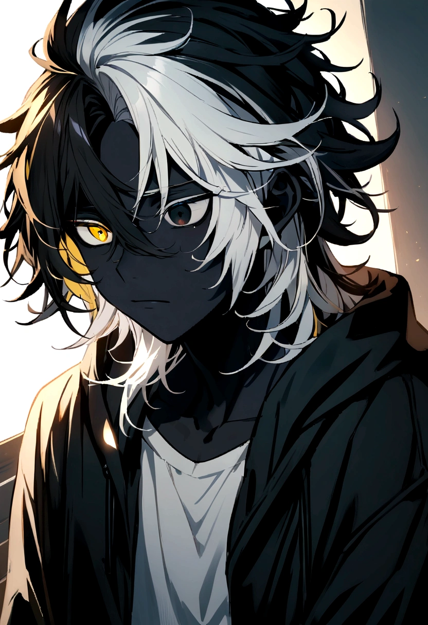 white shirt, wearing a black hoodie , yellow and black eyes heterochromia , , dark expression , Messy hair , Medium length hair , 1 men , multicolored black and white hair , two tone hair , black skin color