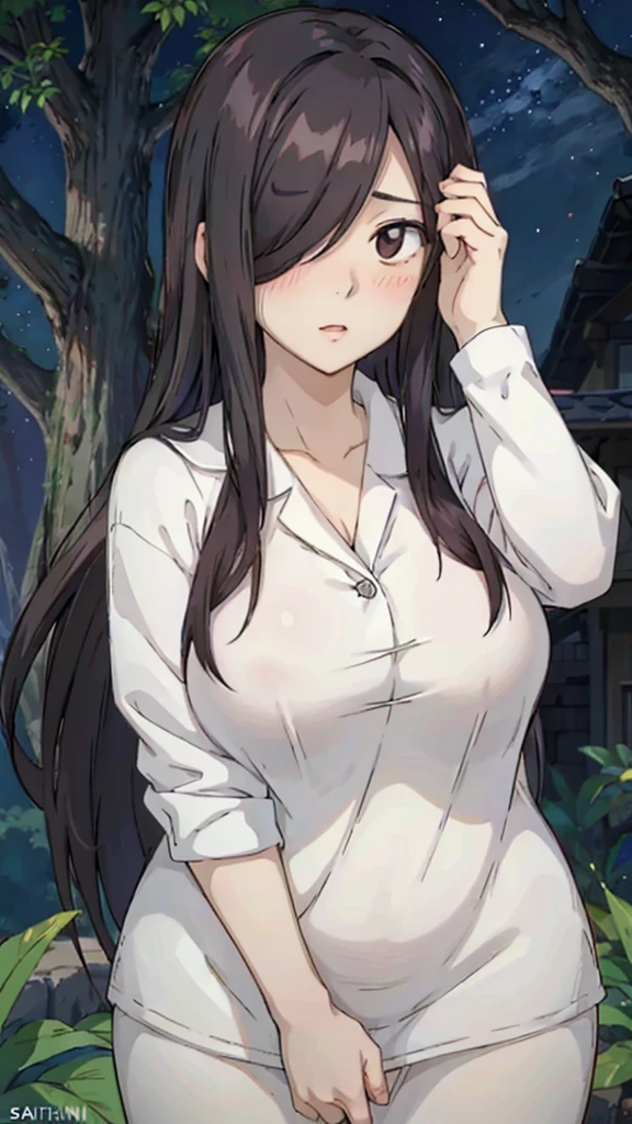 Cute mommy, mature women, realistic skin,perfect ,black hair, long hair, (hair over one eye:1.4), messy hair, hair between eyes, pajama, chubby,plump,fat,pucker lips,cute shy blush on, under tree,night