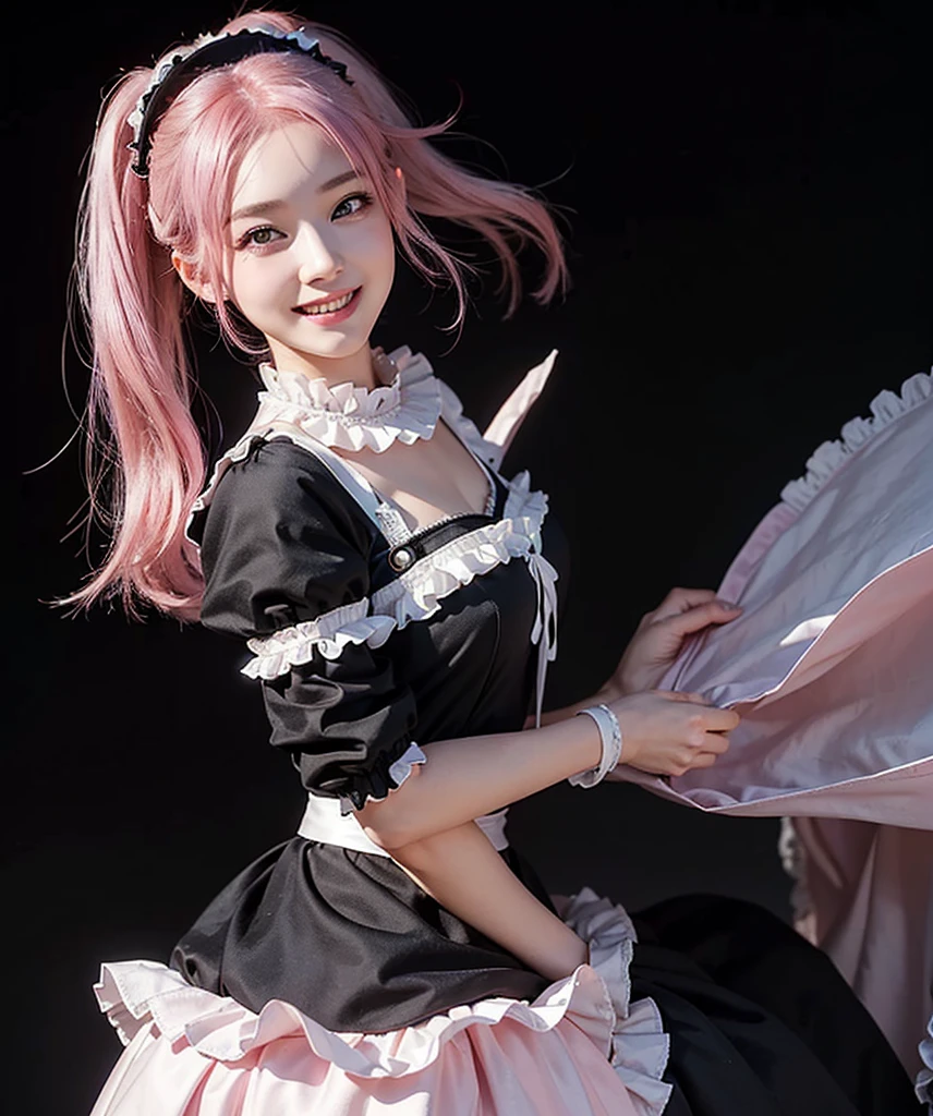 a beautiful girl,pink hair,standing,looking at to the viewer,(Very Detailed: 1.3),ultra realistic,HDR,(High Dynamic Range),8K RAW,(((1GIRL))),(((wearing maid dress))),smile face,(((black background))),masterpiece,best quality,perfect proportions
