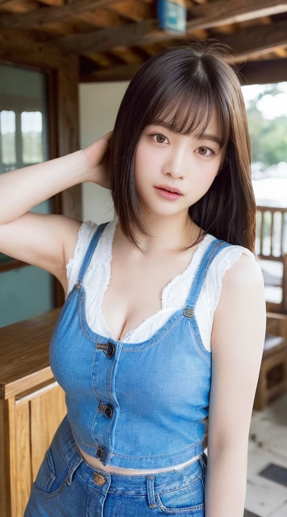 ((top-quality、8K、masterpiece:1.3))、Detail Women:1.3、(Medium Hair、Colossal tits:1.3)、Camisole with a small area、Clothes that emphasize the chest very much、Clothes with open cleavage、Clothes that expose a lot of skin、lightly dressed、(denim short pants)、ultra -detail、detail、eyelid、Summer Cafe