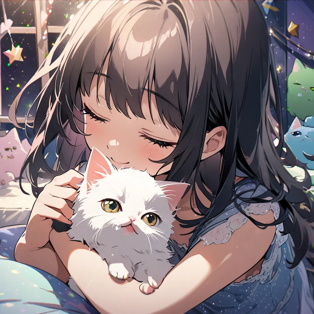 masterpiece、Highest quality、Depth of subject、２D illustration、1 beautiful girl、独奏, (((chibi style)))、cute chibi, lovely chibi, ((night)), ((window)), ((starry sky)), Long, beautiful hair、Shiny black hair、cute、Beautifully detailed eyes、((mini skirt))、((colorful))、Camisole dress、((happy smile))、((closed eyes)), sitting on bed, ((close up shot))、((Holding a kitten)), ((in the room))、((There&#39;s a lot of pink around))、((bed))、Thighs、((vivid color))、sparkle、((Lens flare))、