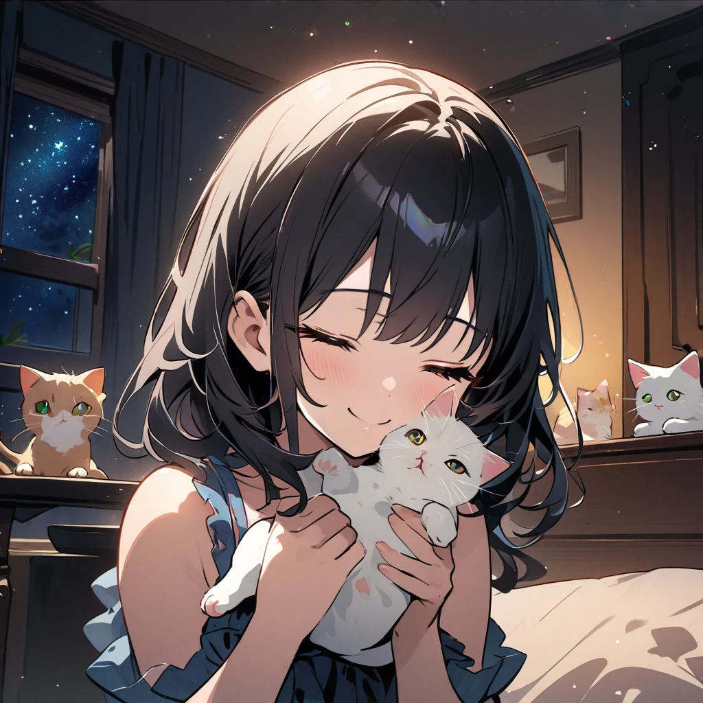 masterpiece、Highest quality、Depth of subject、2D illustration、1 beautiful girl、独奏, (((chibi style)))、cute chibi, lovely chibi, ((night)), ((window)), ((starry sky)), Long, beautiful hair、Shiny black hair、cute、Beautifully detailed eyes、((mini skirt))、((colorful))、Camisole dress、((happy smile))、((closed eyes)), sitting on bed, ((close up shot))、((Holding a kitten)), ((in the room))、((There's a lot of pink around))、((bed))、Thighs、((vivid color))、sparkle、((Lens flare))、