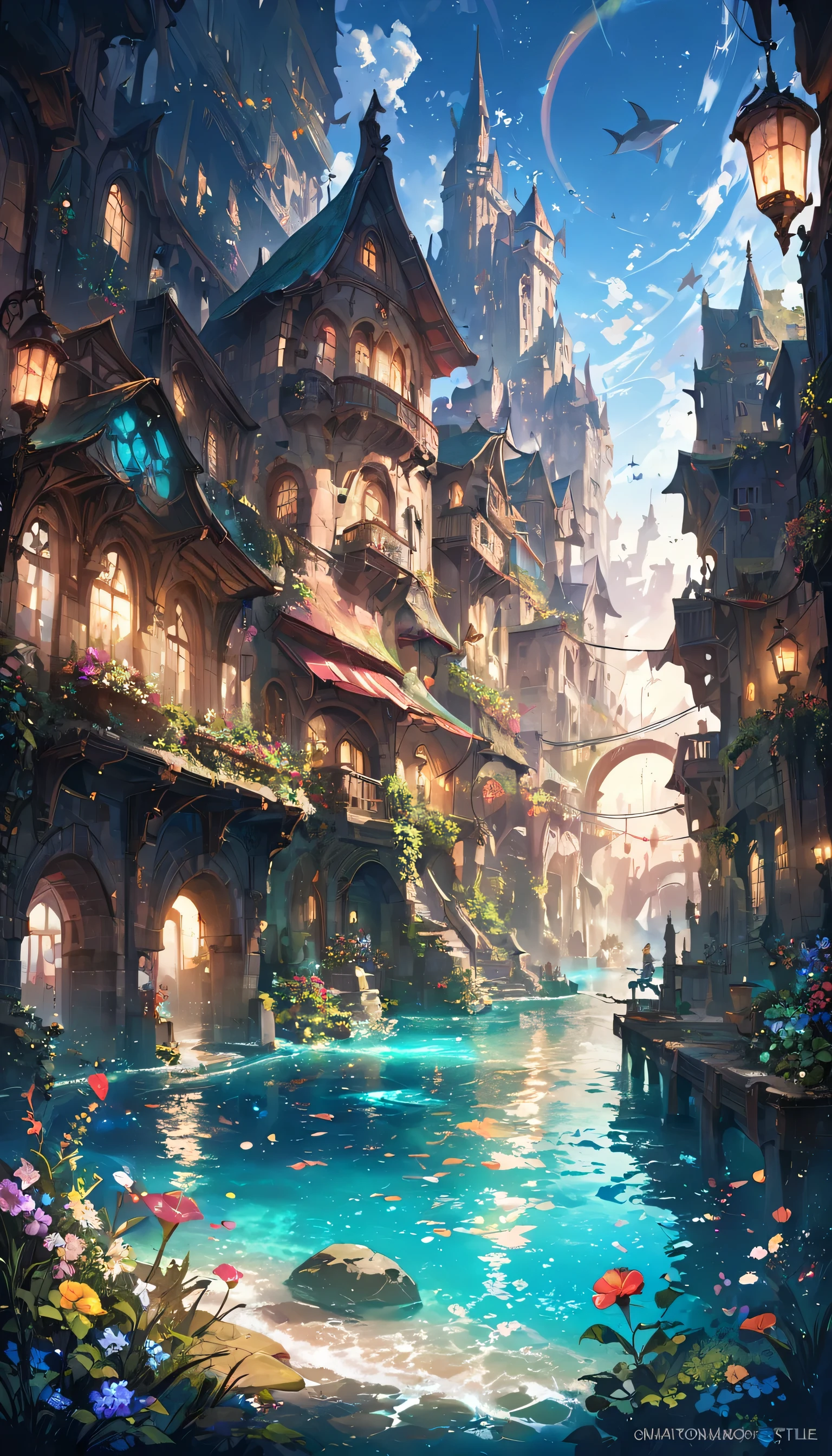 color (Fantasy: 1.2), (hayao miyazaki style), (Irregular Building Floating in the Sea), Patchwork Cottage, Floral decoration, Light, Concept art inspired by Andreas Rocha, Artstation Contest Winner, Fantasy art, (an underwater city), Ross Tran, Light shaft, Realistic lighting, masterpiece, high quality, Beautiful graphics, Attention to detail, masterpiece, high quality, Beautiful graphics, Attention to detail,
