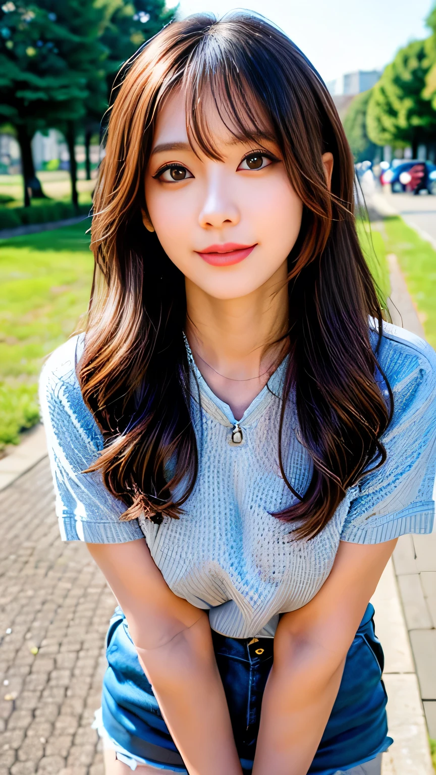 seed:4195271995,((Full Body Angle:1.１)),((Highest quality, 8K, masterpiece: 1.3)), concentrated: 1.2,Front hair:1.3, Cute girl 1,Nipples erect、 Perfect beauty: 1.4,Colorful ribbed knit half-zip T-shirt、Shorts,: 1.2,Randall Color、comics＆Text Graphics、Black,1.1, Highly detailed face and skin textures, Fine grain, double eyelid, whitening skin, ,Highest quality,Ultra-high resolution,you,1 girl,alone,_Shiny_skin,Iris,necklace,((brown_length_Wavy_hair)),(lips)),eyelash,Front hair,deal with,compensate,Shiny,pore,skin big breasts、smiling face、Front hair、Walking in the park、walk