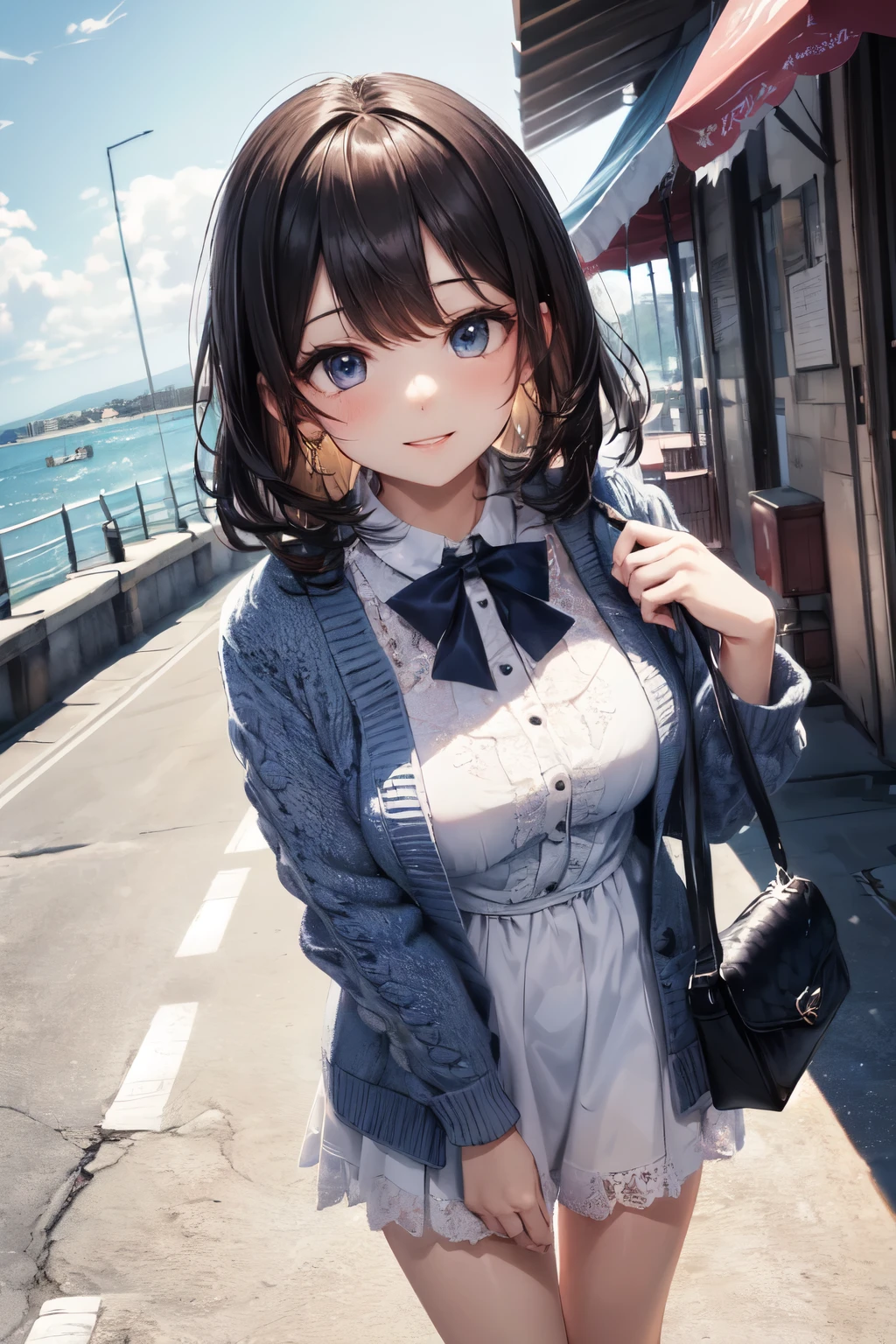 very cute and beautiful girl,(highly detailed beautiful face and eyes),
frilled white summer dress with detailed lace,(navyblue bolero cardigan),standing,
road side of seaside town street,harbor,marina,beautiful summer sky,
(smile),black hair,mid shot,holding cute fashion bag,detailed legs,
(best quality,masterpiece),absurdres,highres,ultra-detailed,extremely detailed,32k,8k resolution,
intricate details,cinematic scene,detailed background,solo,dynamic angle,