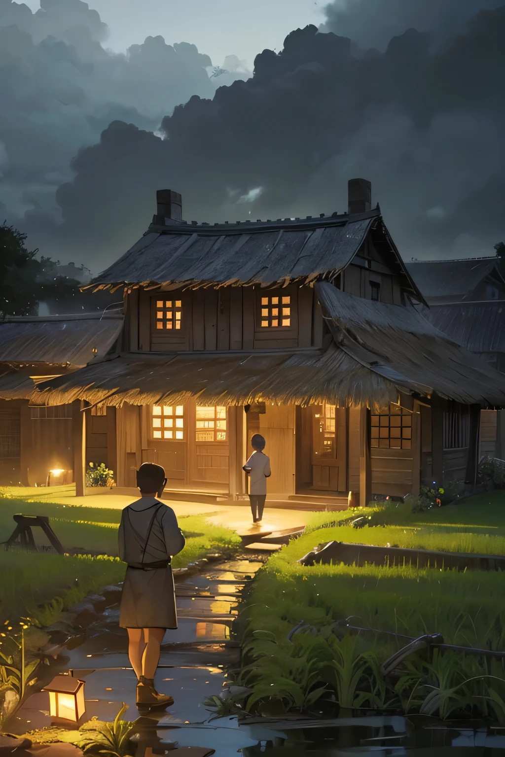 a poor farmer's son in a rural village, a small rustic house with a thatched roof, rice fields and vegetable gardens, hard-working parents tending to the crops, warm lighting from oil lamps, peaceful countryside atmosphere, detailed realistic render, highly detailed, 8k, masterpiece, cinematic lighting, moody colors, dramatic shadows