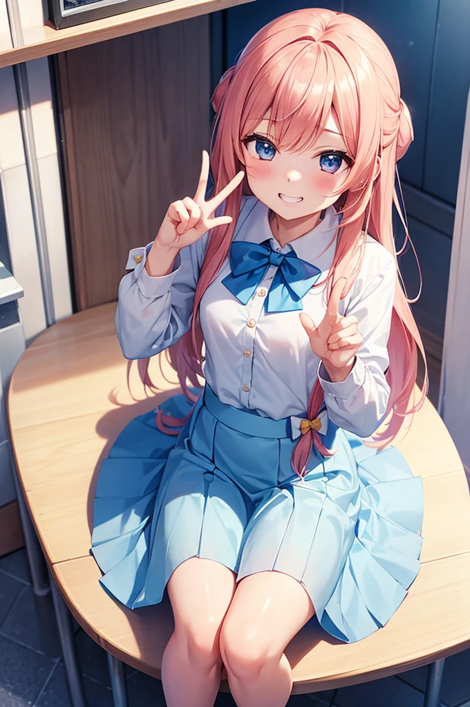Grin, peace sign, From above, (Squint your eyes:1.2), close, One Girl, blush, sit, nsfw,beautiful girl　 Wear a uniform, Light blue skirt, Long skirt, small bow, small bow, Anime movie